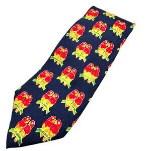 Lands End Neck Tie Red Navy Yellow Parrot Bird Animal Pattern 100% Silk 4"